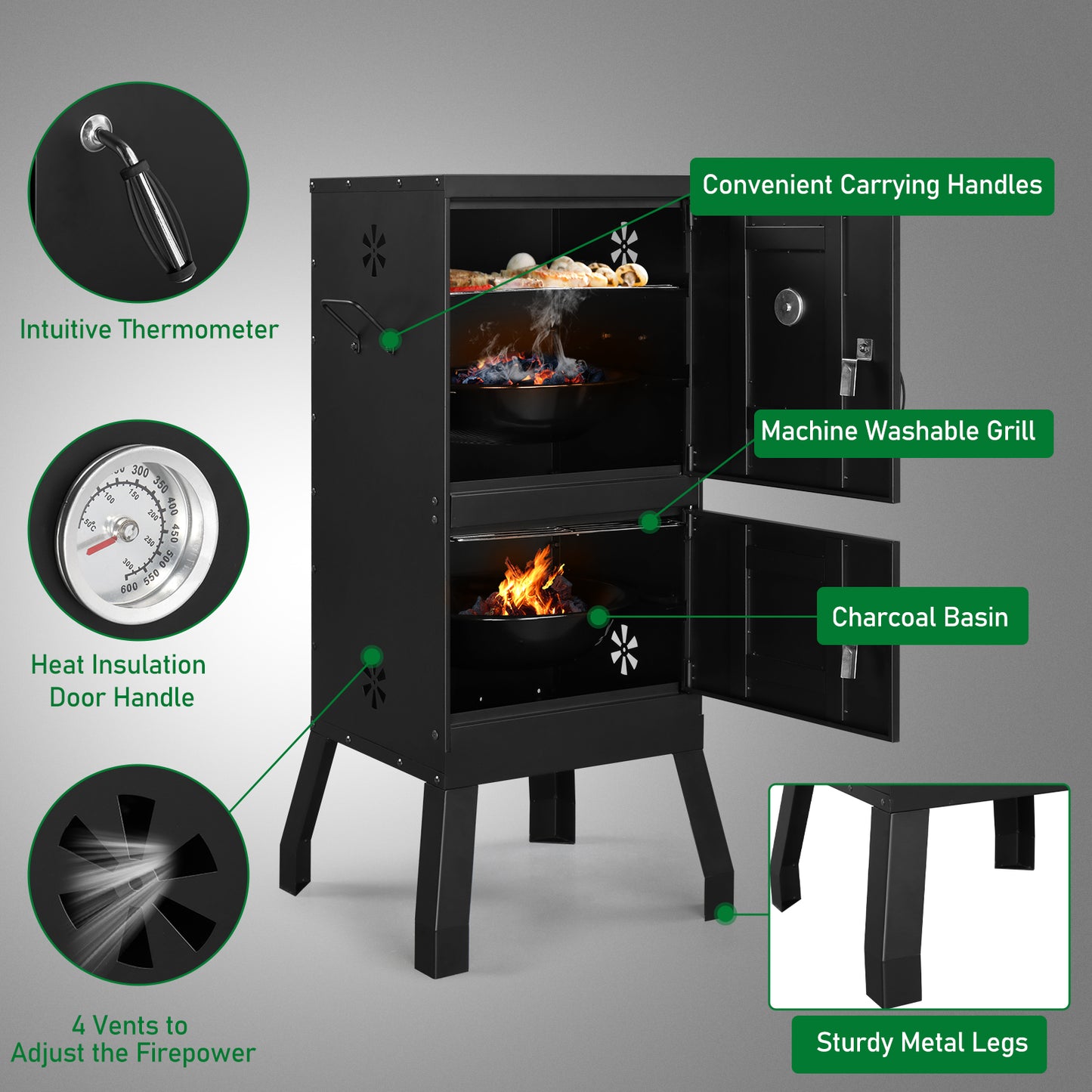 Atila Black Double Door Smoked Vertical Iron Carbon Oven